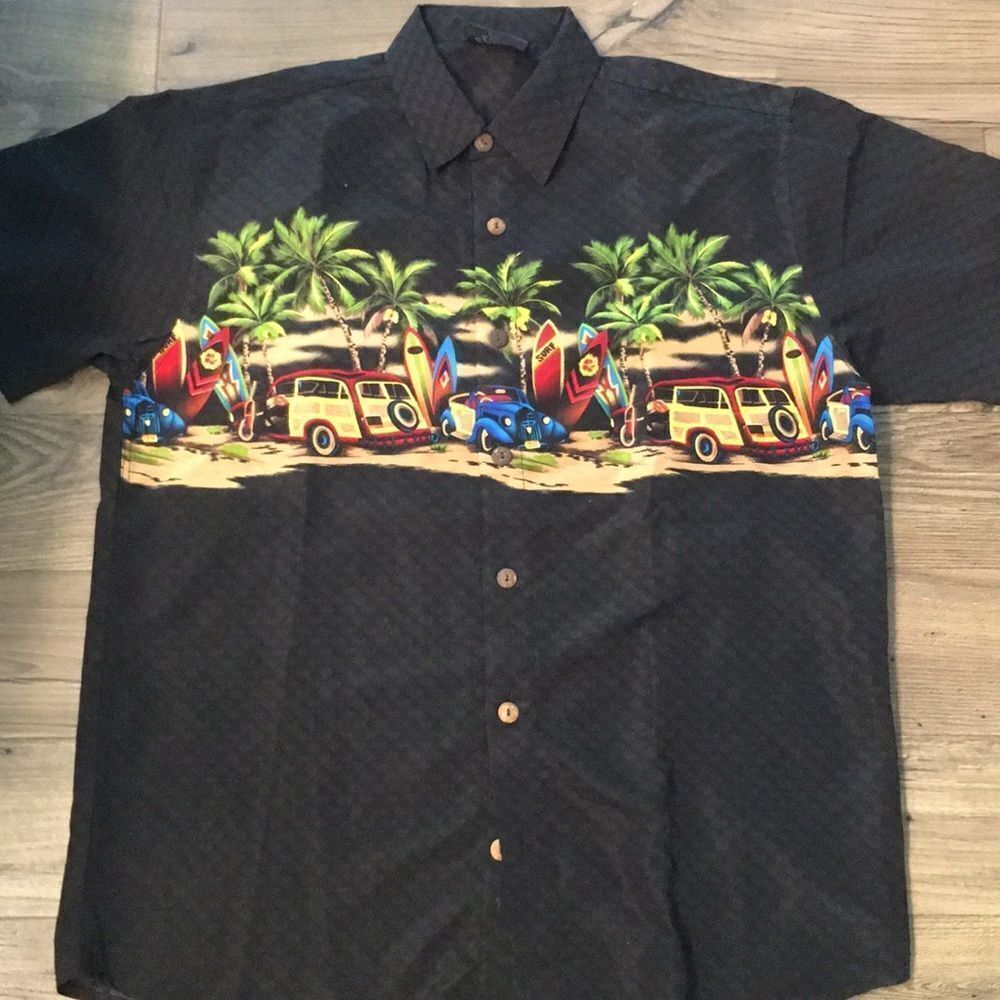 Black Hawaii Woody Aloha Hawaiian Surf Board Palm tree power luau summer shirt-M